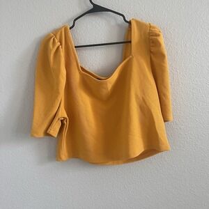 Women's 3XL Yellow Square Neck Top Puff Short Sleeve Textured Feminine